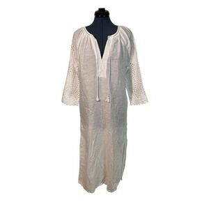 J Crew White Linen Eyelet Flared Sleeve Midi Tunic Dress Cover Up Coastal Boho M